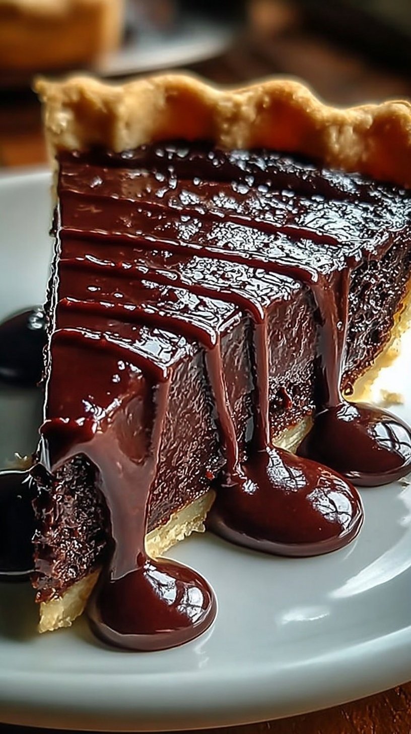 A warm slice of hot fudge pie with a crackly top and molten center served with vanilla ice cream