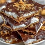 A close up of broken pieces of chocolate bark topped with toasted marshmallows and graham cracker crumbs on parchment paper.