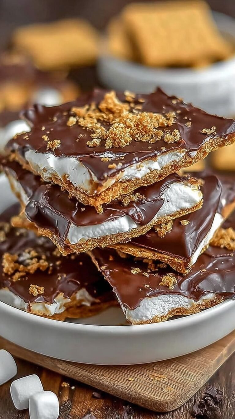 A close up of broken pieces of chocolate bark topped with toasted marshmallows and graham cracker crumbs on parchment paper.