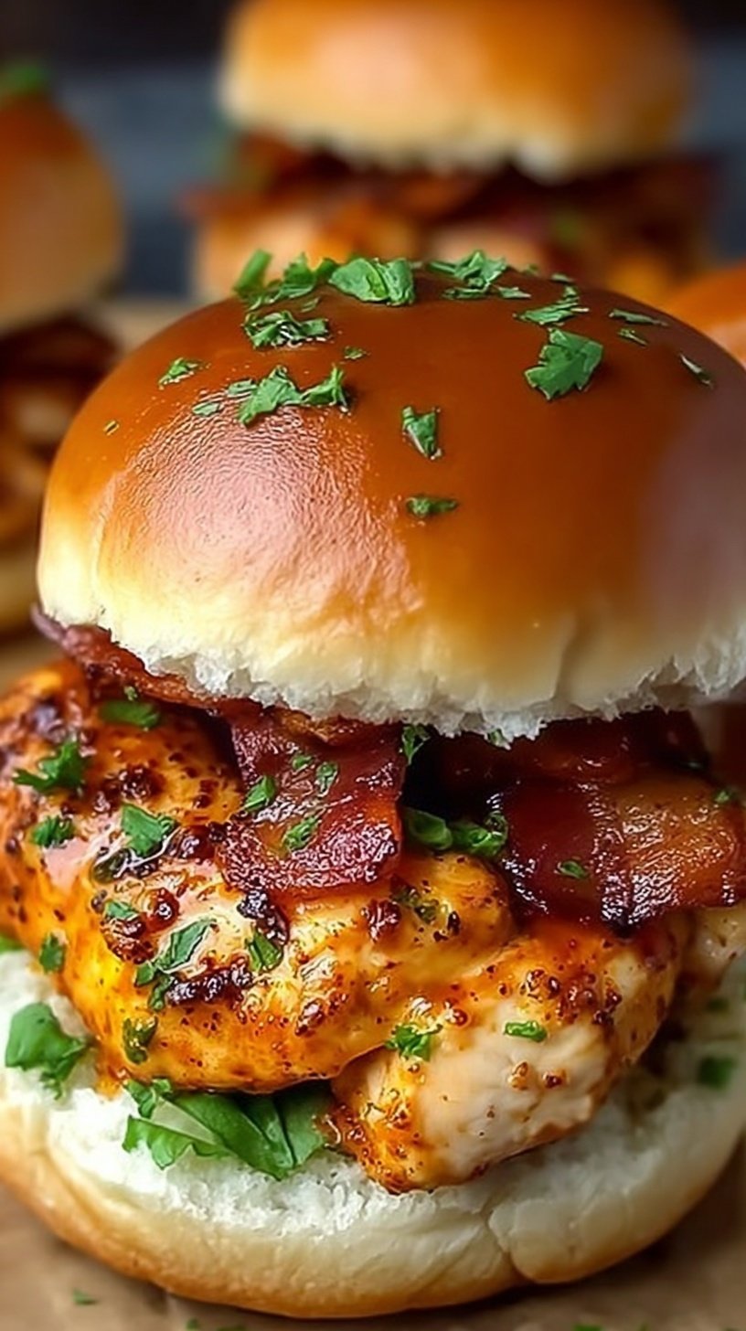A tray of golden brown BBQ Chicken Sliders on sweet Hawaiian rolls with melted cheese and red onions.