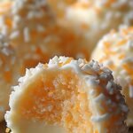 A plate of white chocolate orange truffles coated in powdered sugar with orange zest garnish