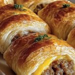 Golden brown breakfast sausage rolls topped with poppy seeds on a parchment-lined tray