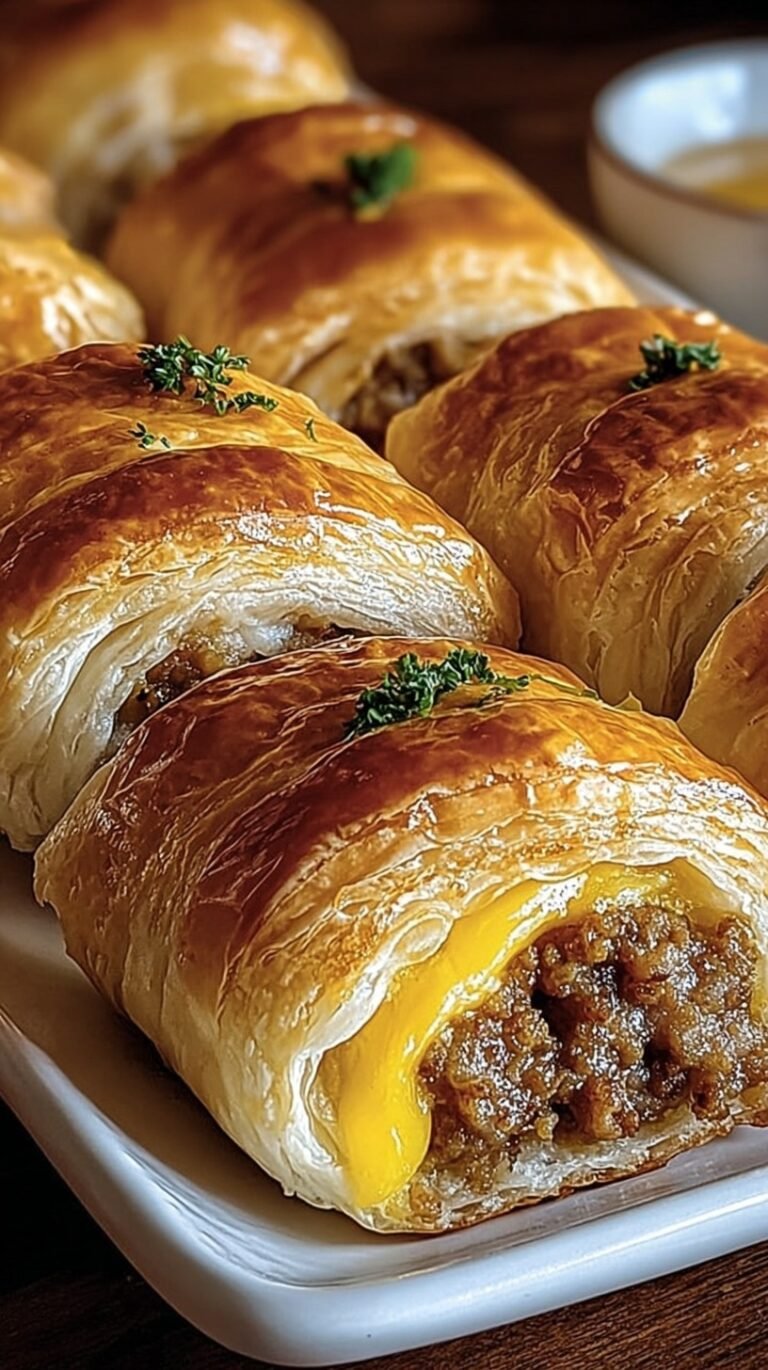 Golden brown breakfast sausage rolls topped with poppy seeds on a parchment-lined tray