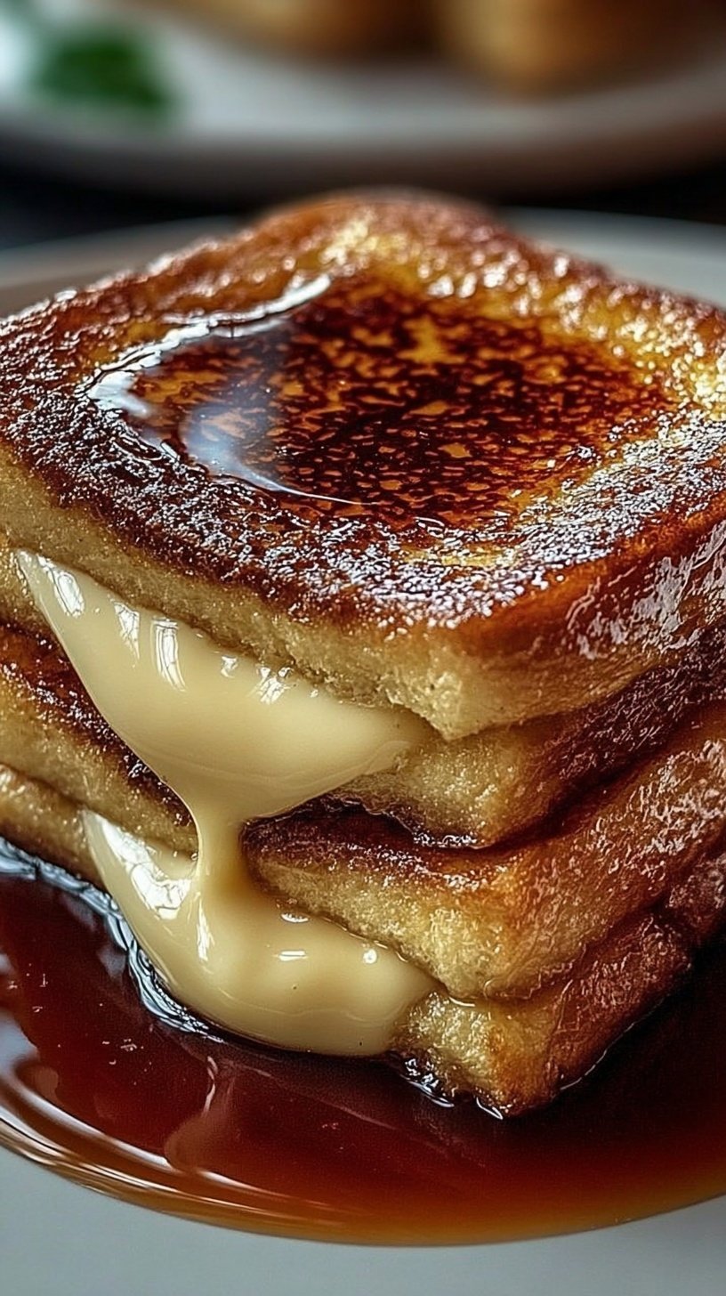Golden brown baked brioche french toast in a glass dish with caramel sauce on the bottom