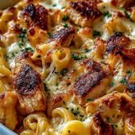 A close up of creamy BBQ chicken mac and cheese in a white bowl with melted cheese and smoky sauce.