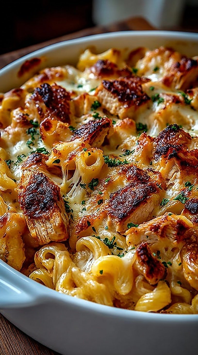 A close up of creamy BBQ chicken mac and cheese in a white bowl with melted cheese and smoky sauce.