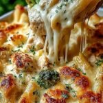 A golden brown Chicken Alfredo Bake in a glass dish with melted mozzarella and fresh parsley on top.