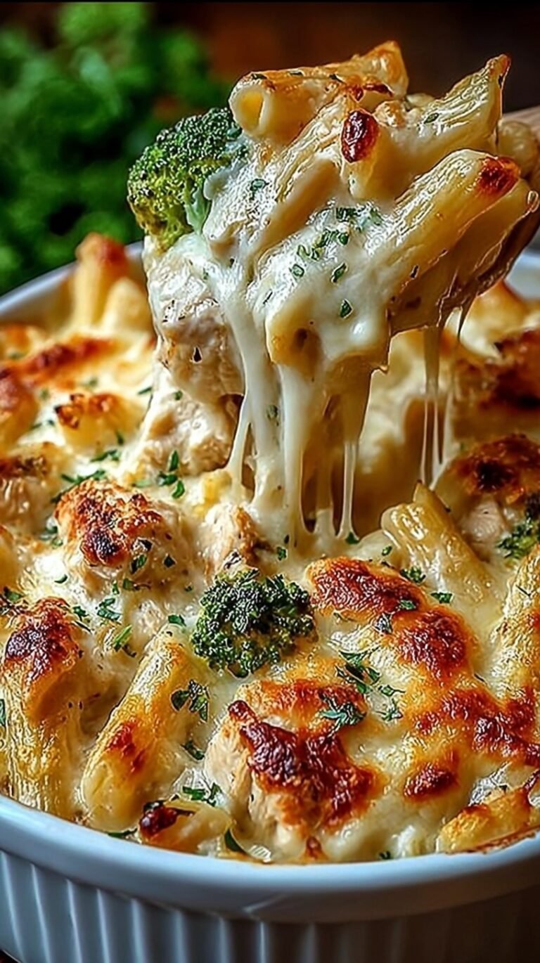 A golden brown Chicken Alfredo Bake in a glass dish with melted mozzarella and fresh parsley on top.