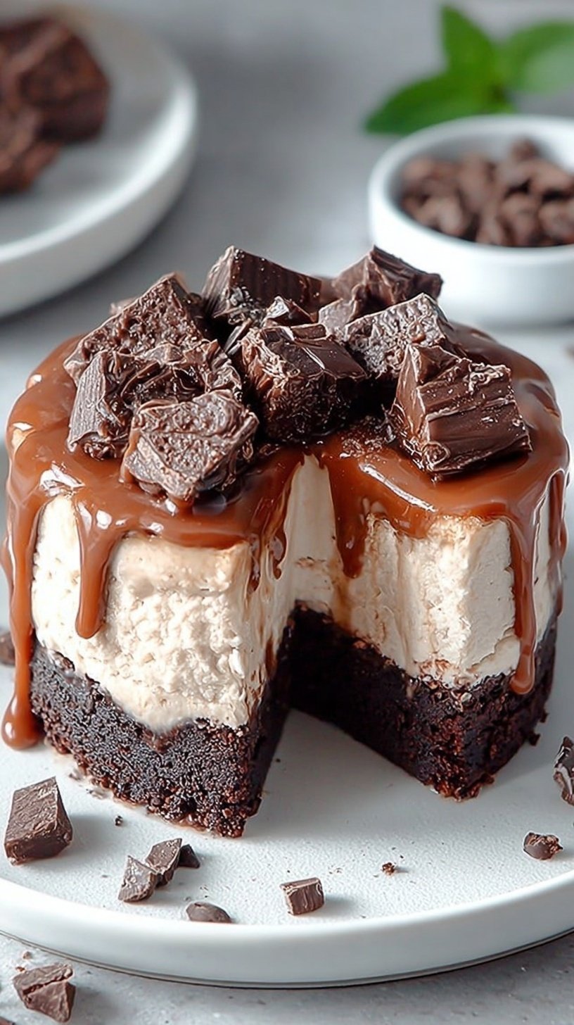 A sliced frozen brownie ice cream cake with layers of vanilla and chocolate ice cream and a chocolate ganache topping