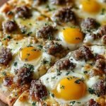 A golden brown breakfast pizza topped with creamy sausage gravy, scrambled eggs, and melted cheddar cheese.