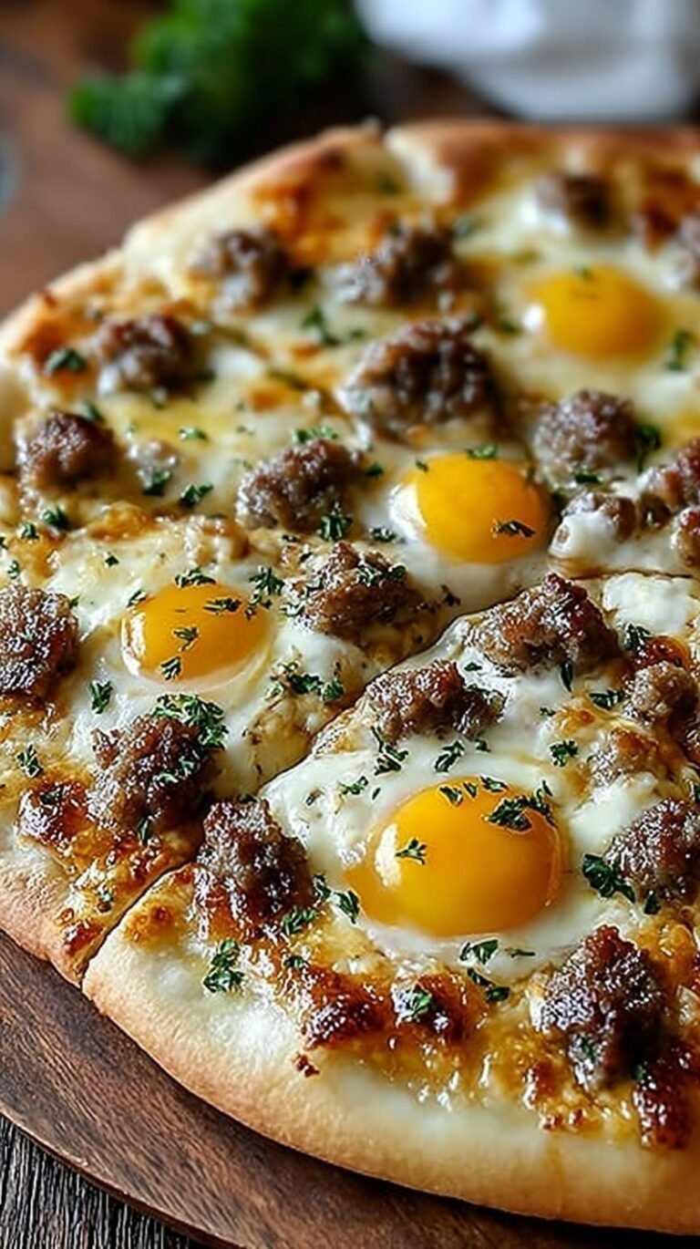 A golden brown breakfast pizza topped with creamy sausage gravy, scrambled eggs, and melted cheddar cheese.
