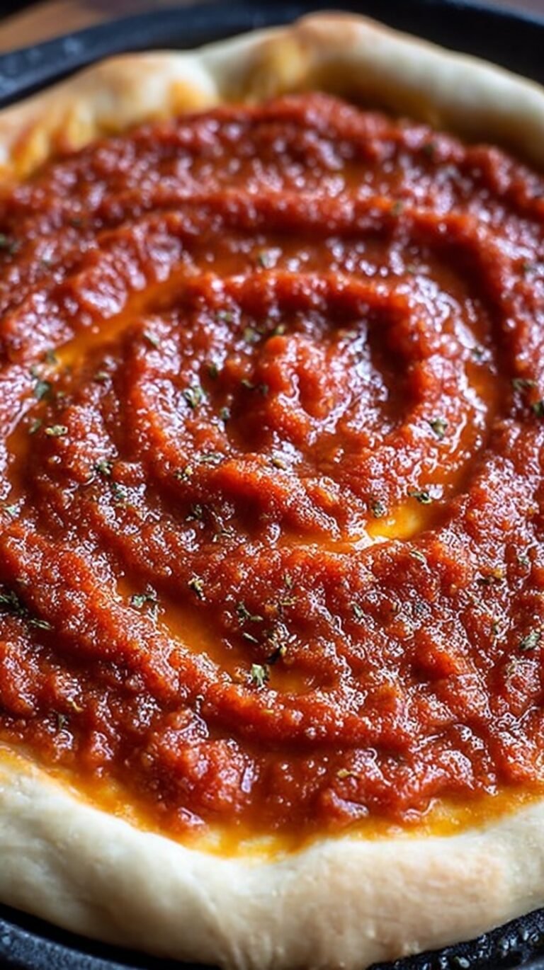 A jar of rich red homemade pizza sauce with fresh basil leaves on top