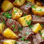 A bowl of rich beef steak casserole with carrots and mushrooms served over mashed potatoes