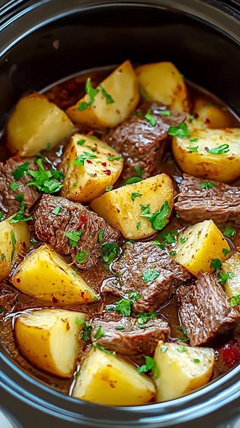 A bowl of rich beef steak casserole with carrots and mushrooms served over mashed potatoes