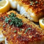 Golden brown crispy parmesan crusted fish fillets on a baking sheet with lemon wedges.