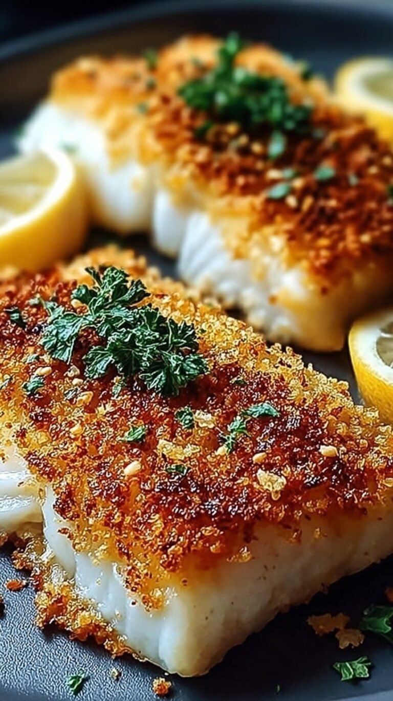 Golden brown crispy parmesan crusted fish fillets on a baking sheet with lemon wedges.