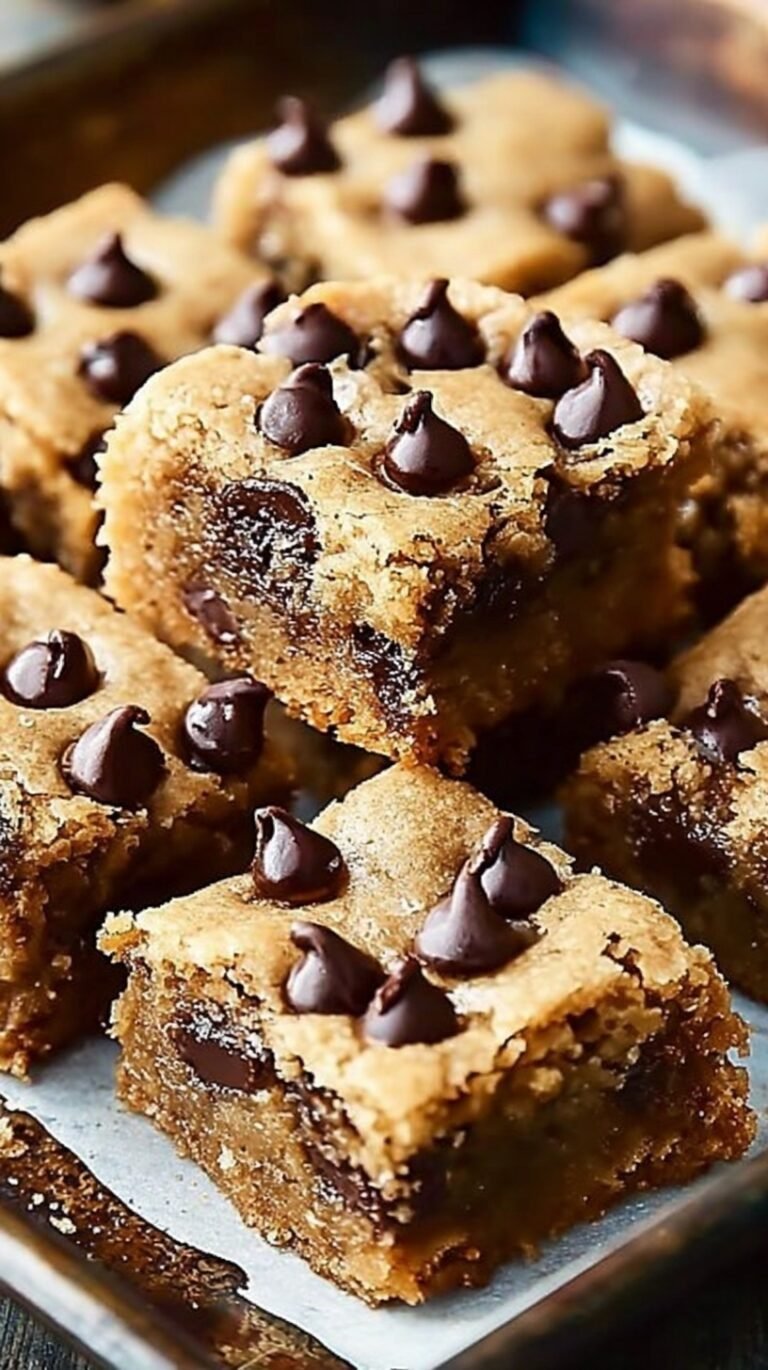 A stack of thick, chewy chocolate chip bars with melted chocolate chips on a cooling rack.