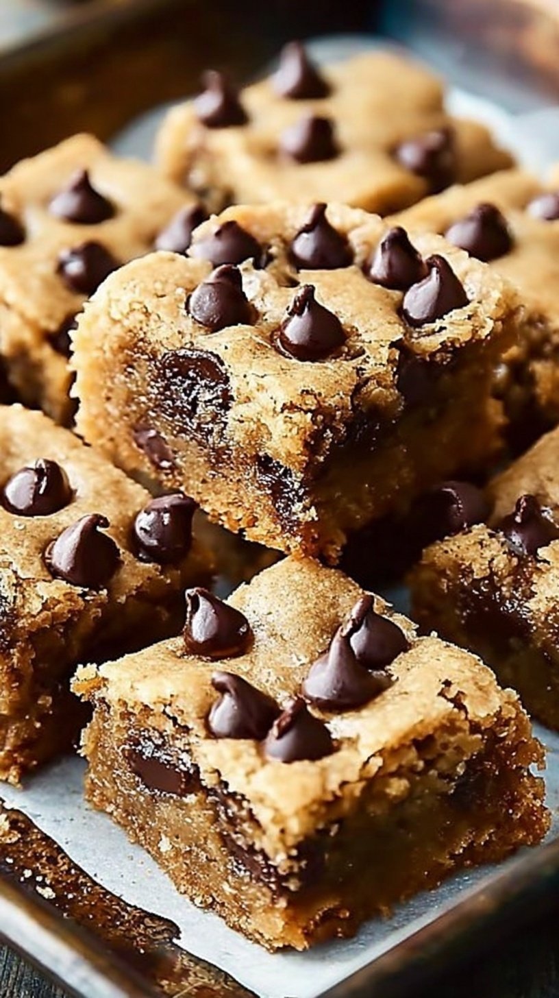 A stack of thick, chewy chocolate chip bars with melted chocolate chips on a cooling rack.