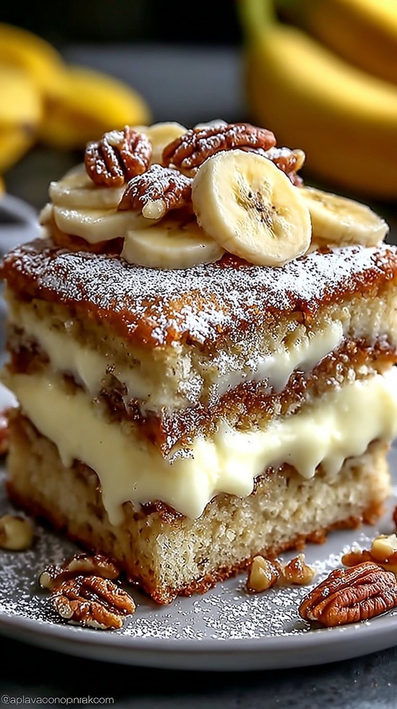 A thick slice of moist banana cake on a white plate with a fork