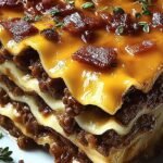 A close up shot of a cheesy BBQ bacon cheeseburger lasagna in a white baking dish.