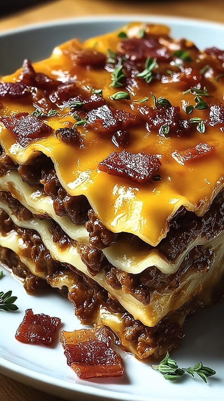 A close up shot of a cheesy BBQ bacon cheeseburger lasagna in a white baking dish.