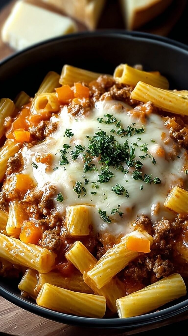 A bowl of creamy pasta with ground beef and tomatoes in a cheesy sauce.