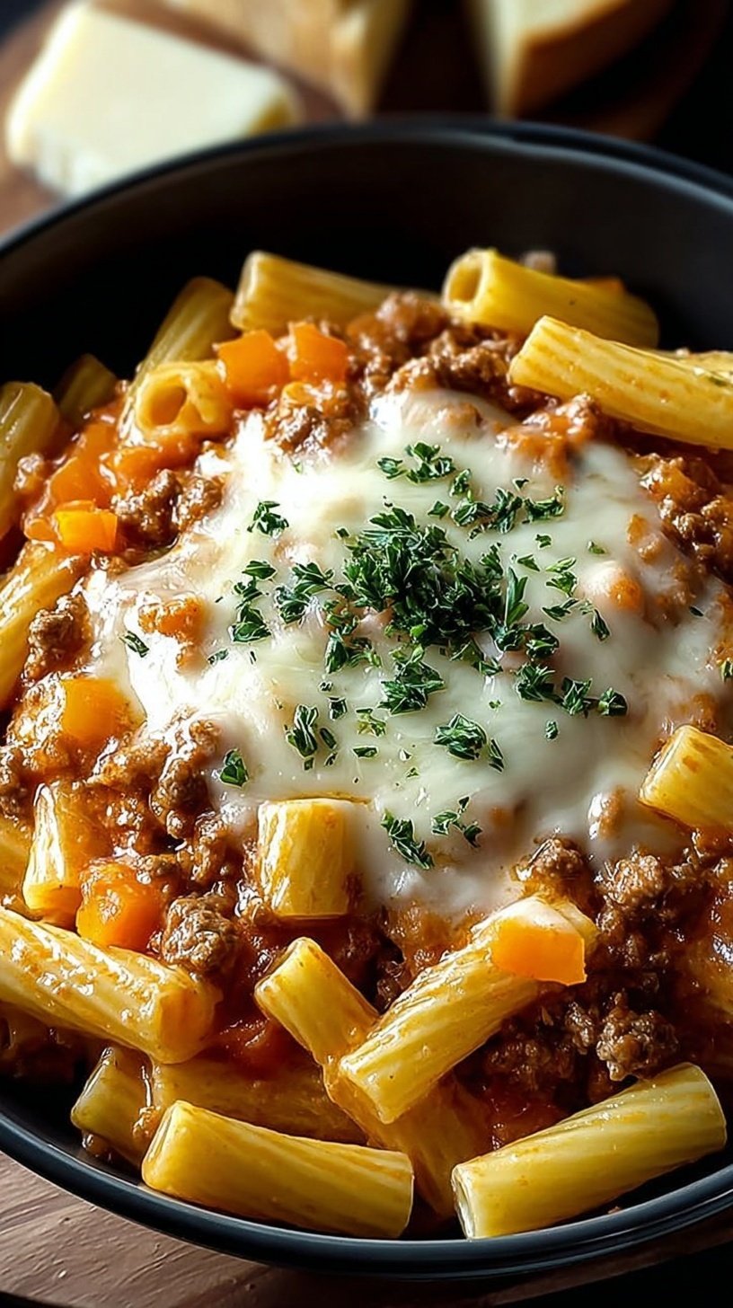 A bowl of creamy pasta with ground beef and tomatoes in a cheesy sauce.