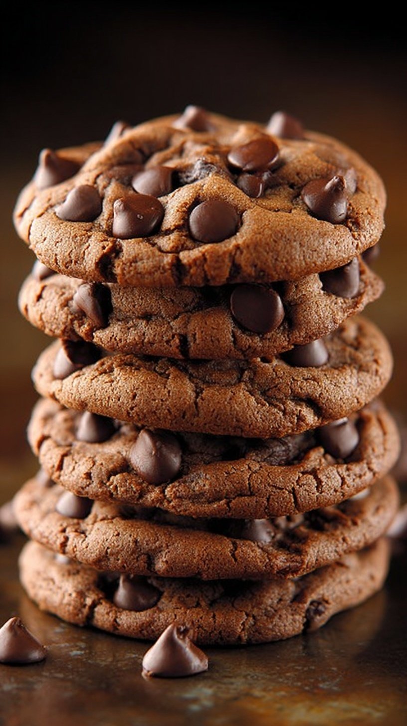 A stack of thick, soft chocolate chip cookies with melty chocolate chips on a cooling rack.