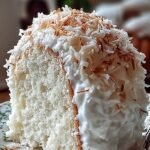 A fluffy two-layer Coconut Cloud Cake topped with whipped cream and toasted shredded coconut on a white cake stand.