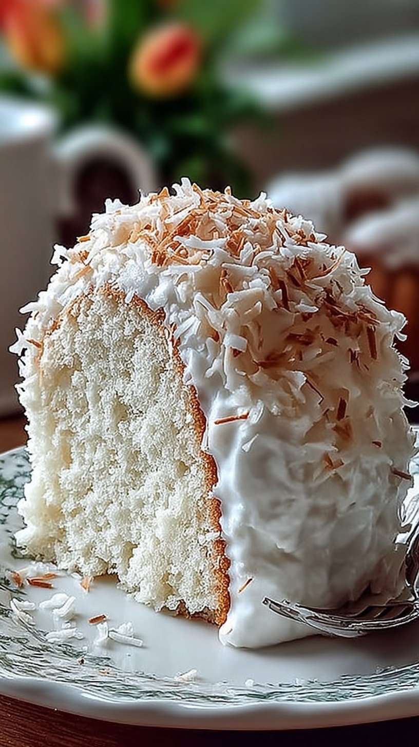A fluffy two-layer Coconut Cloud Cake topped with whipped cream and toasted shredded coconut on a white cake stand.