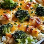 A golden brown Broccoli Cheese Chicken Casserole in a white baking dish with melted cheese and cracker topping.
