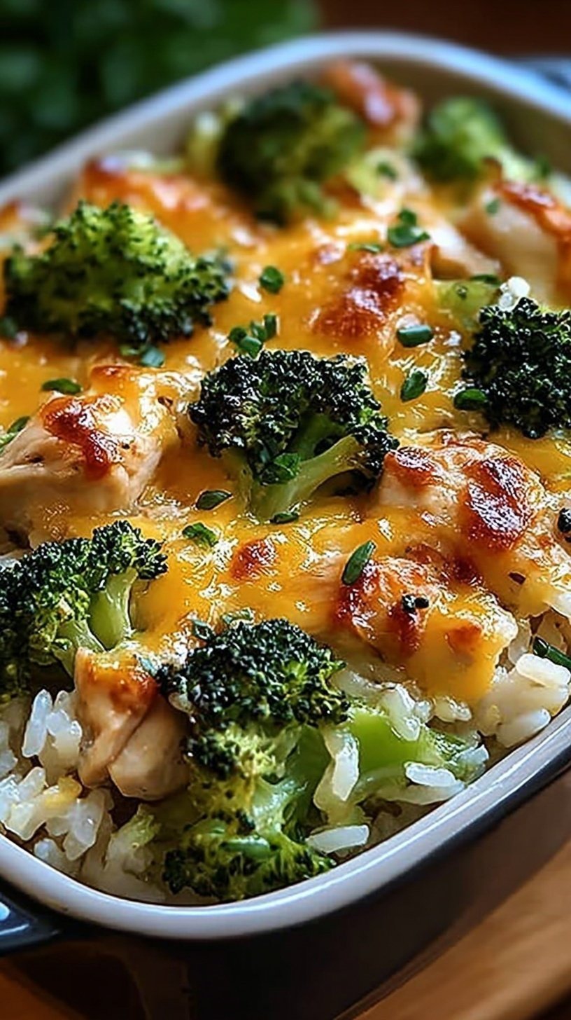 A golden brown Broccoli Cheese Chicken Casserole in a white baking dish with melted cheese and cracker topping.