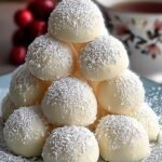 A pile of white powdered sugar Snowball Cookies on a cooling rack.