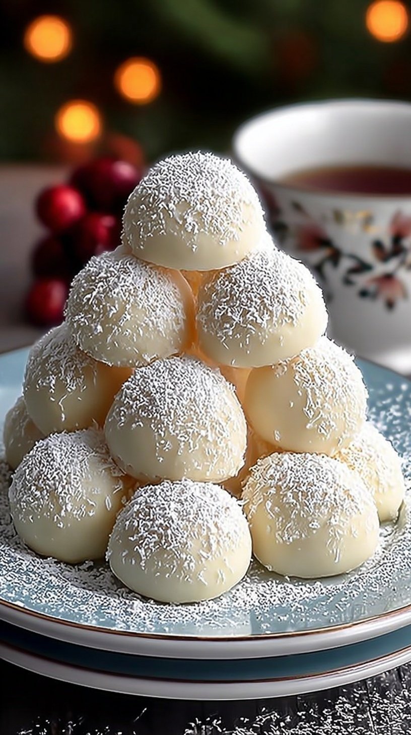 A pile of white powdered sugar Snowball Cookies on a cooling rack.