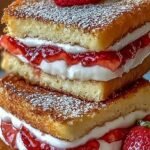 Golden brown fried brioche sandwiches coated in cinnamon sugar with a strawberry cream cheese filling