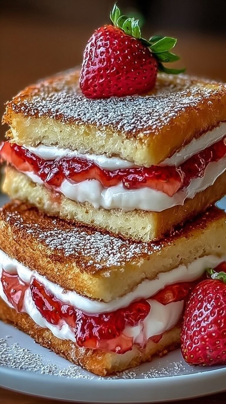 Golden brown fried brioche sandwiches coated in cinnamon sugar with a strawberry cream cheese filling
