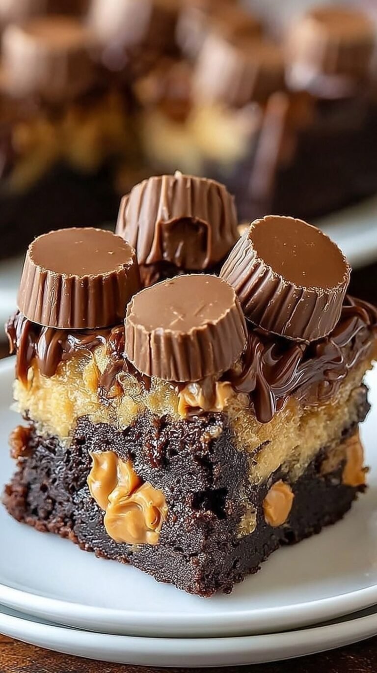 A decadent Reese's Earthquake Cake in a baking pan with gooey peanut butter swirls and chocolate chips