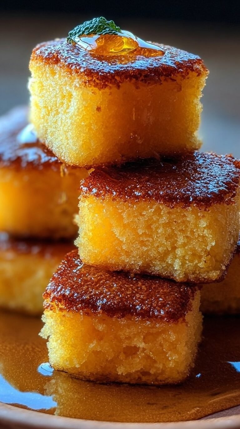A golden-brown square of honey butter cornbread with a glistening glaze.