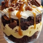 A glass trifle dish filled with layers of brownie cubes, cheesecake mousse, and caramel sauce topped with pecans.