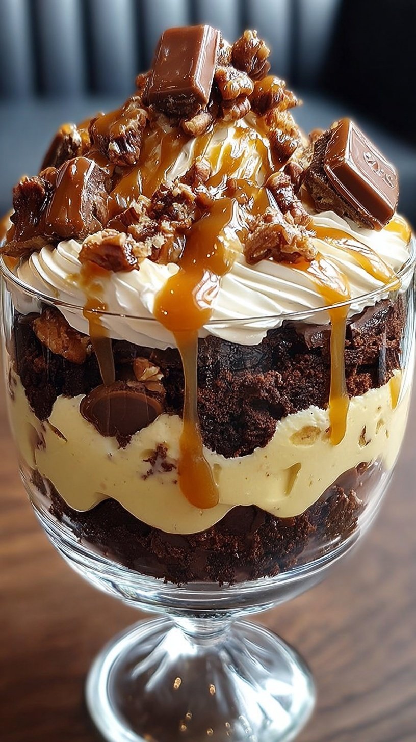 A glass trifle dish filled with layers of brownie cubes, cheesecake mousse, and caramel sauce topped with pecans.