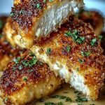 Golden brown Crispy Parmesan Chicken cutlets on a wire rack with lemon wedges