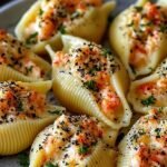 A white baking dish filled with jumbo pasta shells stuffed with seafood and topped with melted mozzarella cheese and fresh parsley.