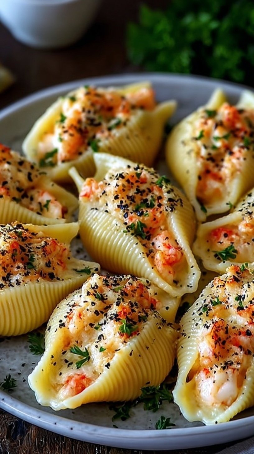 A white baking dish filled with jumbo pasta shells stuffed with seafood and topped with melted mozzarella cheese and fresh parsley.