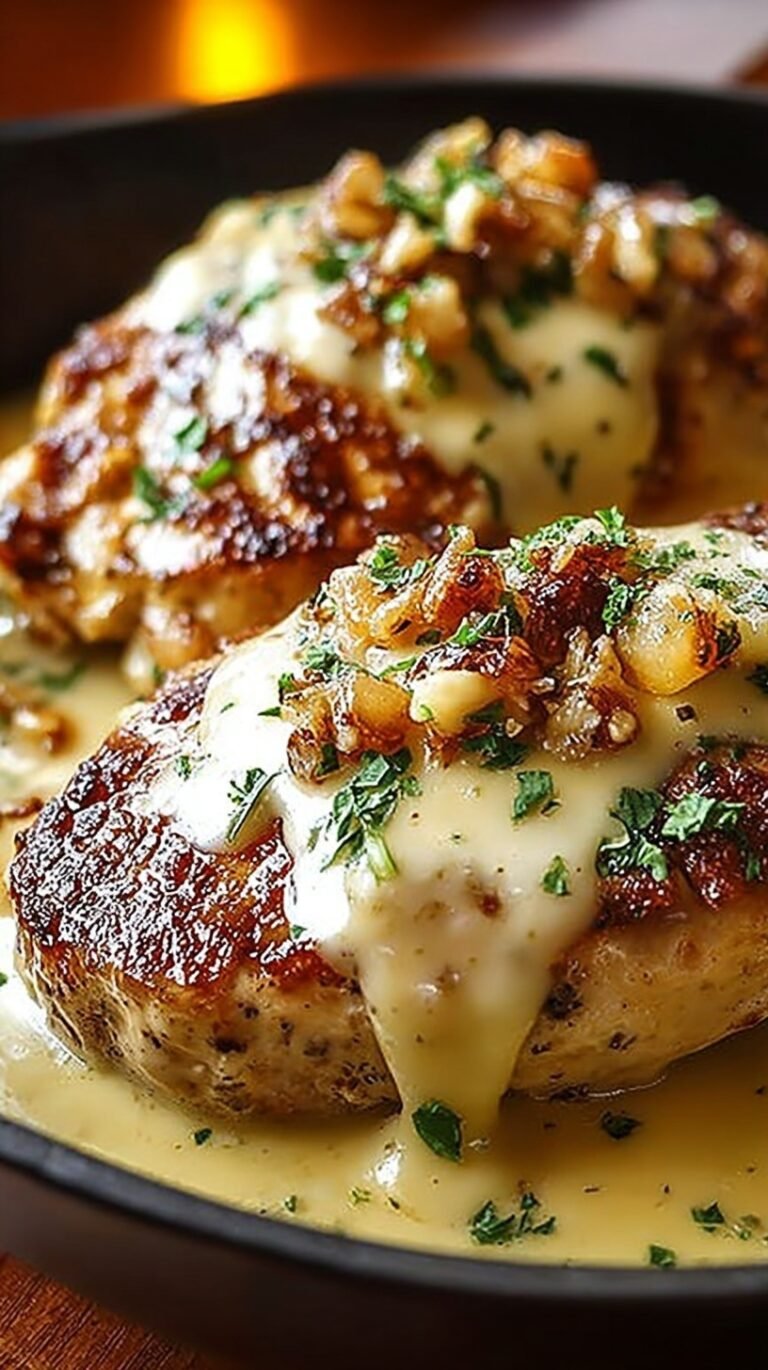 Grilled chicken breast topped with sautéed mushrooms, onions, and melted Monterey Jack cheese in a skillet.