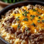 A bubbling 9x13 baking dish of Cheesy Hamburger Casserole with melted cheddar on top
