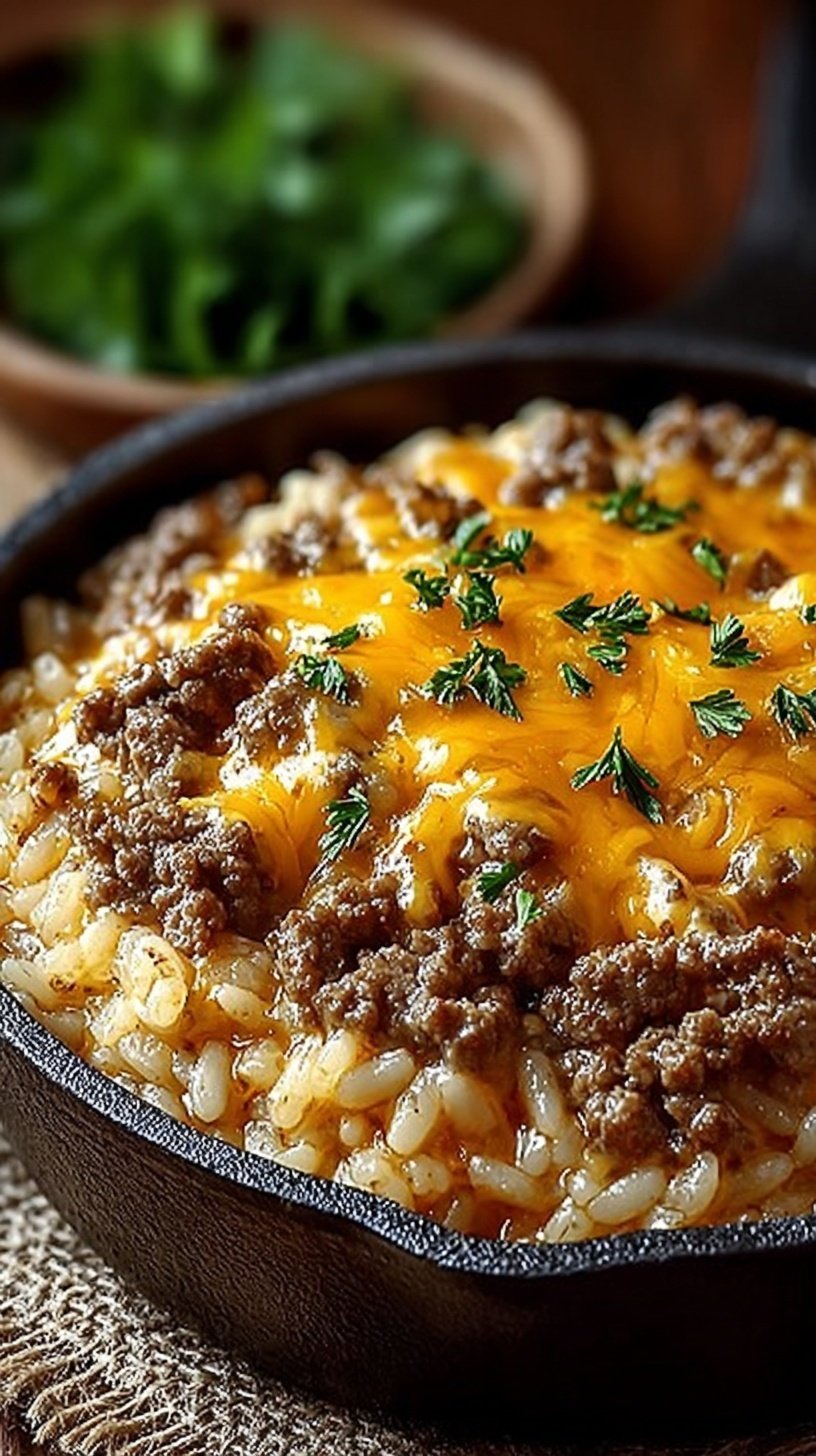A bubbling 9x13 baking dish of Cheesy Hamburger Casserole with melted cheddar on top