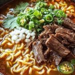 A steaming bowl of Birria Ramen with shredded beef, soft-boiled egg, and fresh lime