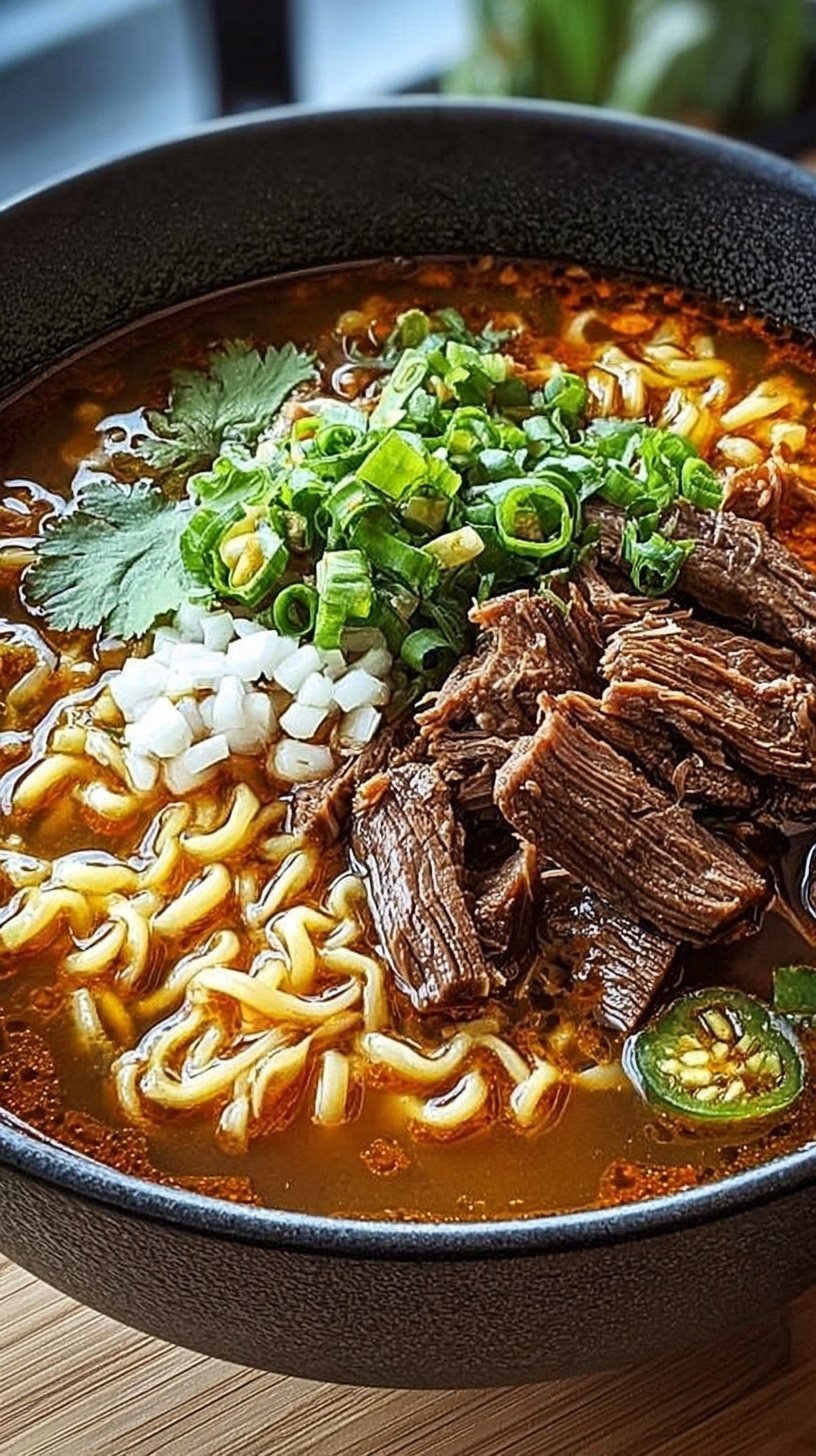 A steaming bowl of Birria Ramen with shredded beef, soft-boiled egg, and fresh lime