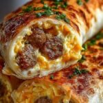 Golden browned breakfast roll-ups filled with sausage, scrambled eggs, and melted cheddar cheese on a white plate.