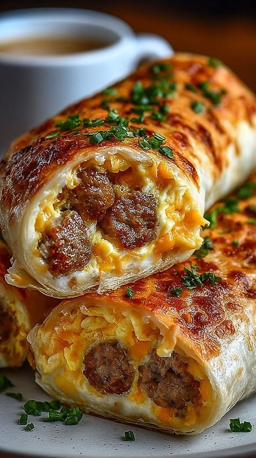 Golden browned breakfast roll-ups filled with sausage, scrambled eggs, and melted cheddar cheese on a white plate.